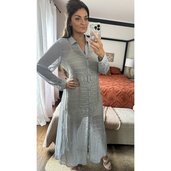 Soft Surroundings Ibiza Embroidered Gray Chiffon Maxi Dress Size Large - Picture 4 of 7